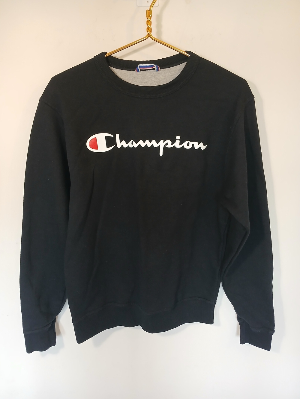 Champion Black Crewneck with White Script Logo and Red Accent